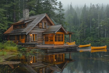Fototapeta premium A peaceful Canadian lakeside cabin with a wooden deck, canoes, and towering pine trees reflected in the water. 