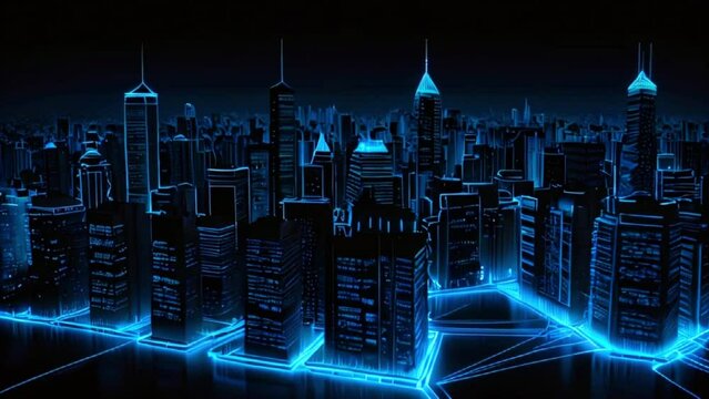 A digital image of a futuristic city with skyscrapers and glowing blue lines.