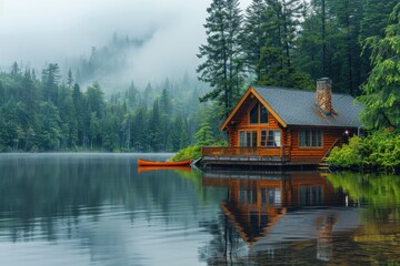 Fototapeta premium A peaceful Canadian lakeside cabin with a wooden deck, canoes, and towering pine trees reflected in the water. 