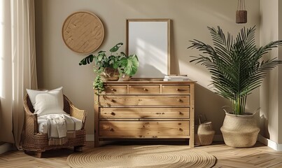 Serene bedroom with a mockup frame on the dresser