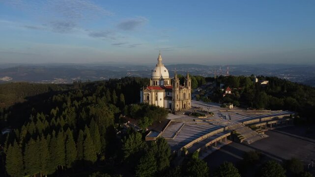 Sameiro Sanctuary drone aerial view in Braga, Portugal. Sunset. Sunny day.