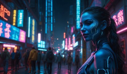 Obraz premium Futuristic woman in cyber environment with neon lights