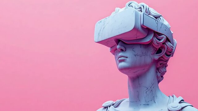 Classical Statue in Virtual Reality Headset turning its head and looking at camera. Soft Pink Background