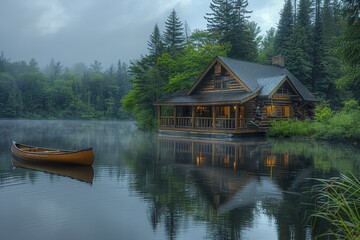 Fototapeta premium A peaceful Canadian lakeside cabin with a wooden deck, canoes, and towering pine trees reflected in the water. 