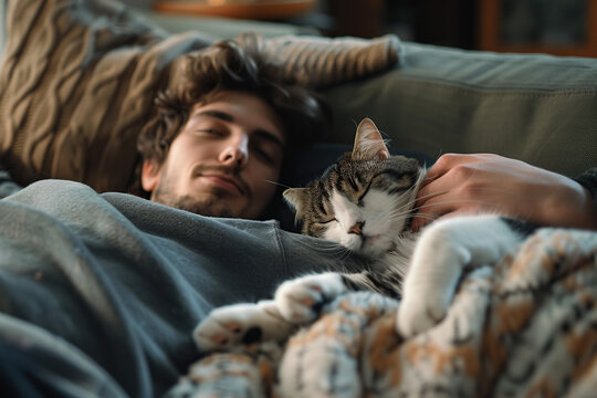 Sleeping young man relaxing with his cute cat on the bed. National Lazy Day on 10th August