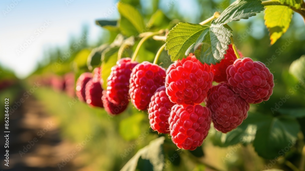 Canvas Prints Close-up of ripe red raspberries hanging on the vine in a sunny field, showcasing the freshness and beauty of summer fruits.