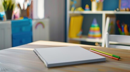 A blank notebook and colorful pencils on a wooden desk in a brightly lit, organized workspace with shelves in the background.