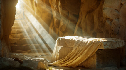 a close-up image of the shroud draped over a stone inside the tomb, light streaming in from the entrance, Resurrection of Jesus Christ, Easter, Jesus Christ, Resurrection, Religion