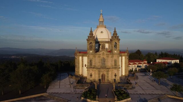 Sameiro Sanctuary drone aerial view in Braga, Portugal. Sunset. Sunny day.