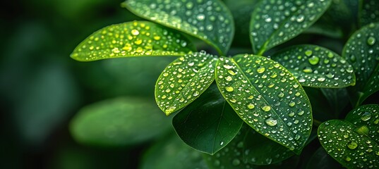Fototapeta premium Closeup of dewdrops on vibrant green leaves capturing the intricate details and natural patterns with a softfocus background