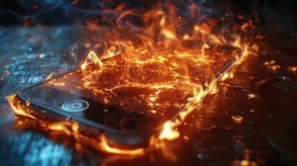 A smartphone engulfed in flames, symbolizing overheating, battery explosion, or fire hazard, set against a wooden surface.