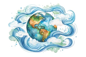 Watercolor illustration of Earth surrounded by swirling blue waves and clouds, representing nature, environment, and global unity.