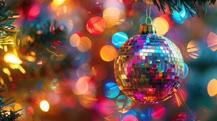 Vibrant disco ball ornament on a Christmas tree with colorful lights in the background, capturing holiday festivity.