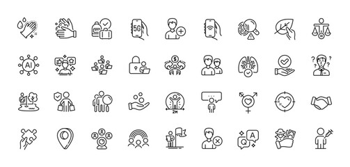 Organic tested, People vaccination and Couple line icons pack. AI, Question and Answer, Map pin icons. Fingerprint, Social distance, Approved checkbox web icon. Vector