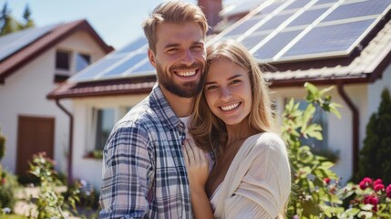 Fototapeta premium Smiling couple standing in front of their solar-powered home, showcasing a sustainable and eco-friendly lifestyle.
