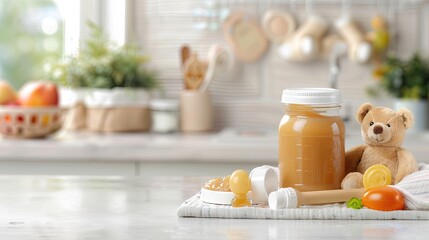 A glass jar filled with homemade baby food sits on a kitchen counter, next to a stuffed teddy bear and other baby feeding accessories