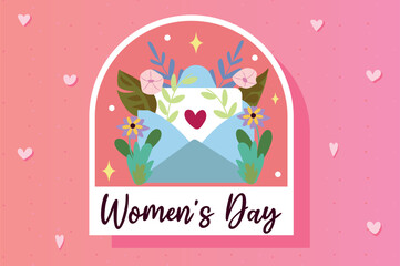 Women's Day sticker concept in flat cartoon design. A postal envelope with a letter decorated with flowers in the form of a sticker is depicted in this wonderful illustration. Vector illustration.