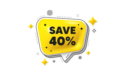 Save 40 percent off tag. Chat speech bubble 3d icon. Sale Discount offer price sign. Special offer symbol. Discount chat message. Speech bubble banner with stripes. Yellow text balloon. Vector