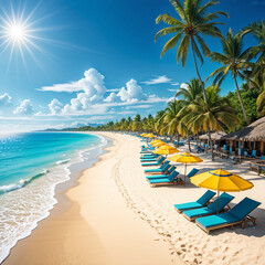 Naklejka premium sunny clear sky beaming over the sandy beach with palm trees