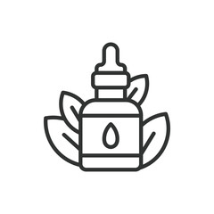 Essential oil, in line design. Essential, aromatherapy, natural fragrance, wellness, relaxation, essential oil bottle, oil on white background vector. Essential oil editable stroke icon.
