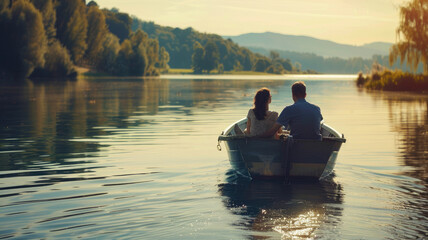 Couple in boat gently rowing on serene lake surrounded by nature at sunset