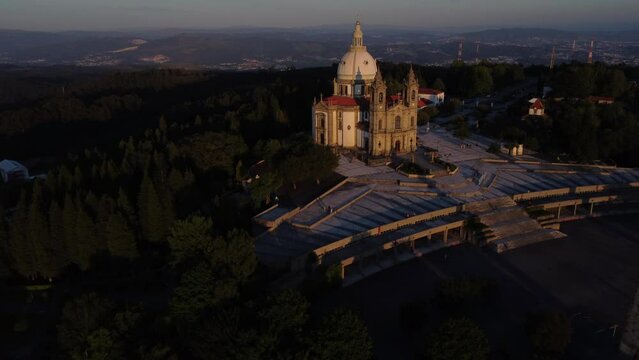 Sameiro Sanctuary drone aerial view in Braga, Portugal. Sunset. Sunny day.