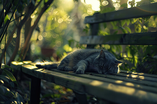 Domestic grey cat sleeps on the bench in the garden in light summer day. Celebration Lazy Day on August 10