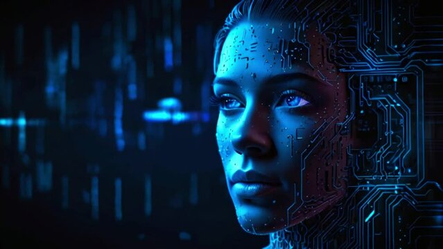 A portrait of a woman's face with blue lighting and a circuit board pattern overlay.