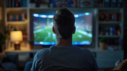 A man watching a football game on a large TV in a cozy living room, capturing the essence of home entertainment.