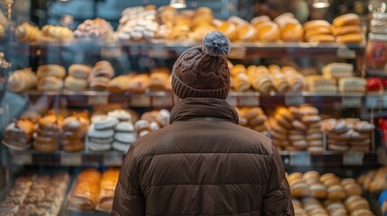 A person in a winter coat and hat choosing bread in a bakery, showcasing the variety and warmth of a local bakery.
