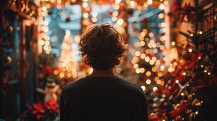 Obraz premium A boy admiring Christmas decorations and lights in a festive setting, capturing the wonder and joy of the holiday season.