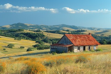 Fototapeta premium A peaceful countryside scene with rolling hills, a small farmhouse, and a clear blue sky. 
