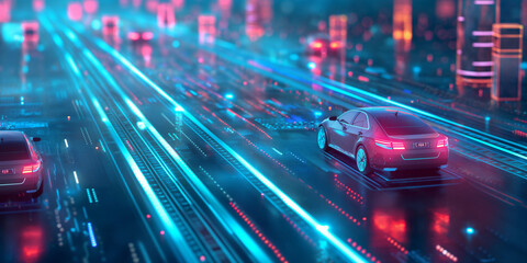 Fototapeta premium Autonomous Cars on Futuristic Digital Highway , High-Tech Vehicles in Smart City, Autonomous Futuristic Vehicle Navigating Smart City Skyline