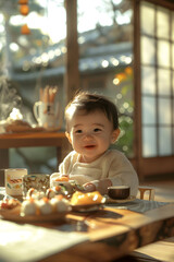 Picture of an Asian toddler sitting in a dining chair. 

