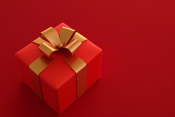 Fototapeta premium Minimal product background for Christmas, New Year, and sale event concept, featuring a red gift box with a golden ribbon bow on a red background