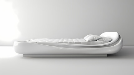 The modern IKEA bed frame with a low profile and white laminated finish, front side, isolated white background