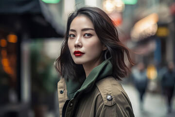 A woman wearing a green jacket and red lipstick stands in front of a building. She looks confident and stylish
