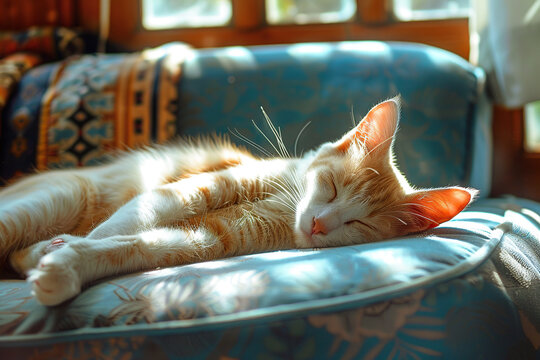 Red domestic kitten snoozes on the blue sofa. Summer sunny atmosphere around. Nice concept for National Lazy Day on 10th August