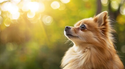 Obraz premium Adorable Pomeranian dog staring upwards outdoors with space for text