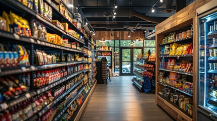 A well-lit grocery store aisle stocked with various packaged goods on shelves, leading towards a glass door with natural light streaming in.