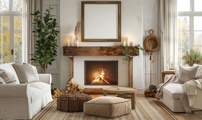 Fototapeta premium Rustic living room with an empty frame above the mantel