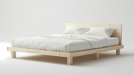 The modern IKEA bed frame with a low profile and white laminated finish, front side, isolated white background