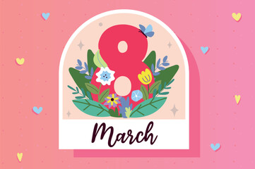 8 March sticker concept in flat cartoon design. This image is depicted the number eight decorated with flowers in the form of a sticker and symbolizes the spring holiday. Vector illustration.