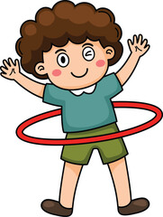 Kid boy play with hula hoop ring spinning and rolling on waist vector