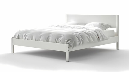The modern IKEA bed frame with a low profile and white laminated finish, front side, isolated white background