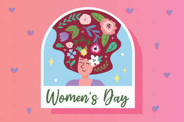 Women's Day sticker concept in flat cartoon design. This lovely bright image shows a sticker of a beautiful and happy girl with flower hair. Vector illustration.