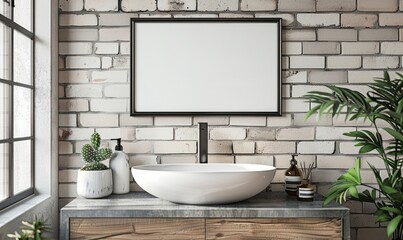 Industrial bathroom with an empty frame above the sink