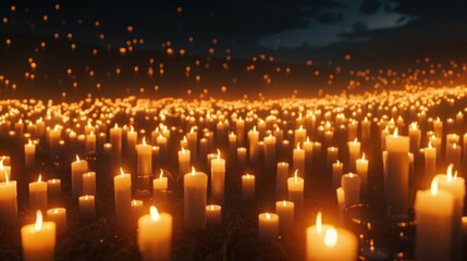 scene of a candlelight vigil with hundreds of candles glowing brightly against the dark night sky, poster