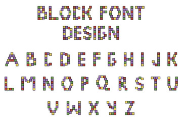 Playful Y2K Font design isolated white. Coloref bricks block Alphabet template. Retro craft games vector illustration can used web text, banner, poster design. EPS 10