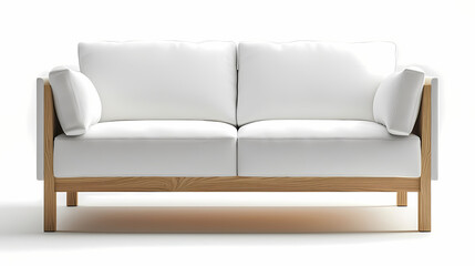 The minimal IKEA sofa frame with a low profile and white laminated finish, front side, isolated white background